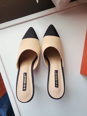 Nude and Black Pointed Toe Slip-On Flats
